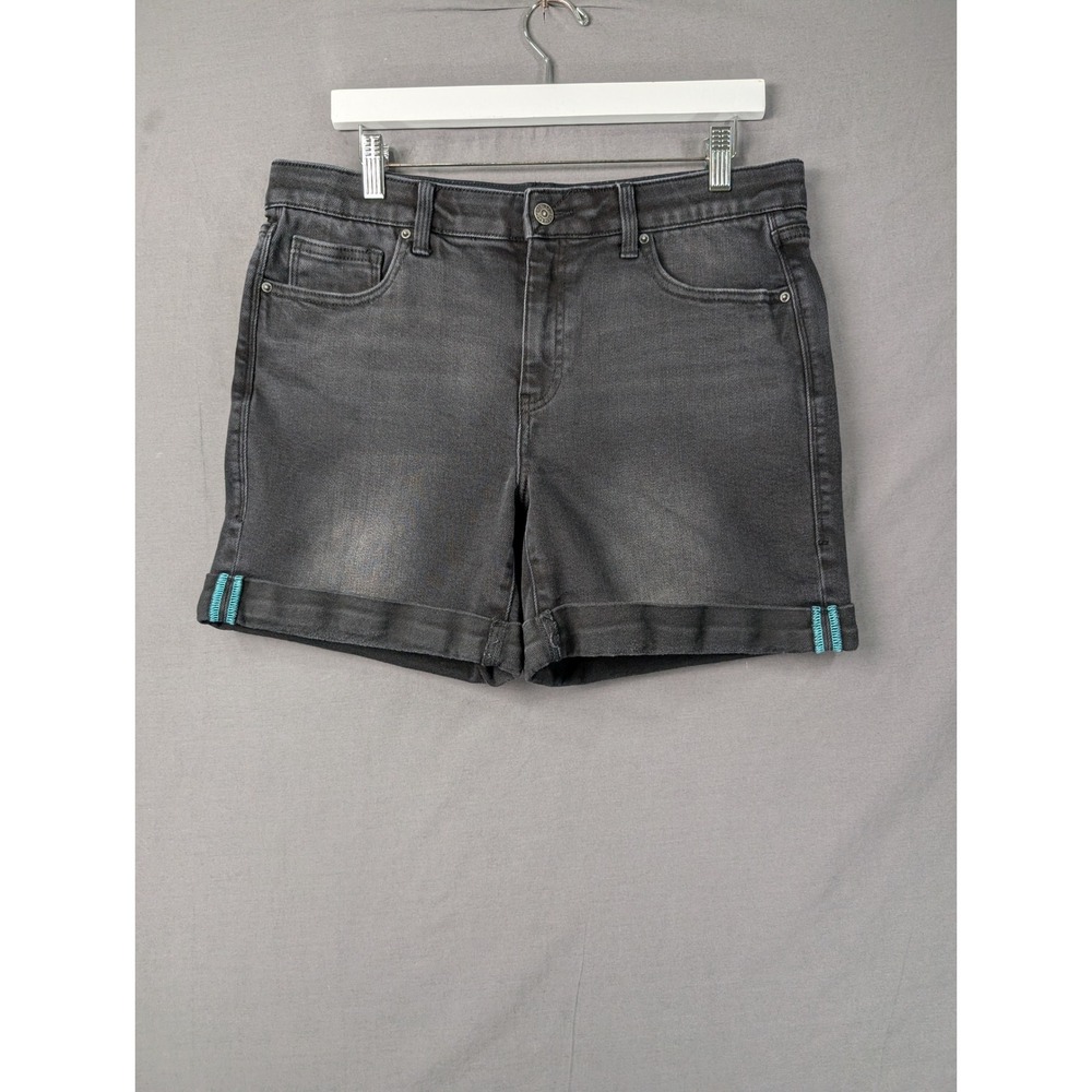 LuLaRoe Womens Black Denim Cuffed Jean Shorts Size 30 Teal Accent Stitching